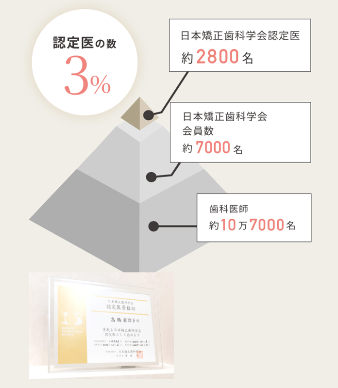 認定医の数3%　日本矯正歯科学会認定医約2800名　日本矯正歯科学会会員数約7000名　歯科医師約10万7000名